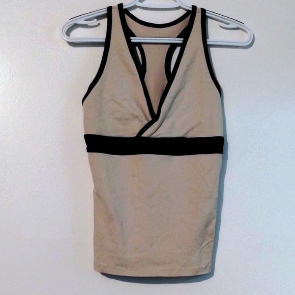 Bebe Cream and Black Fitted Wrap Tank Top
